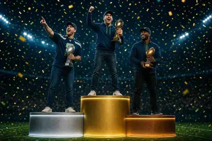 Fantasy football managers celebrating on a winners podium