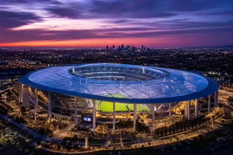 SoFi Stadium Los Angeles illuminated for a World Cup match